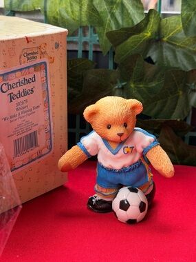 Cherished Teddies Orange Bear in Blue & White Soccer Uniform Figurine